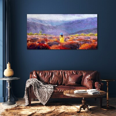Woman in a purple landscape Glass Print
