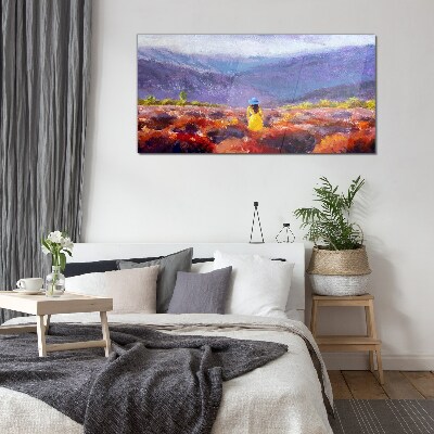 Woman in a purple landscape Glass Print