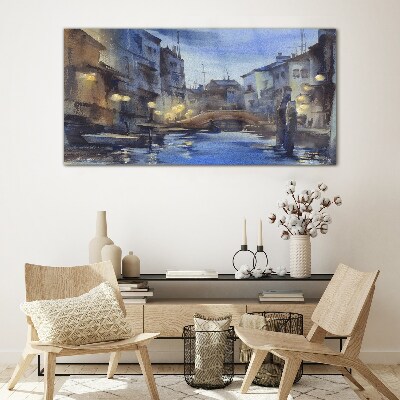 Evening landscape over the water Glass Print