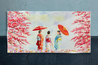 A spring walk under the blooming trees Glass Print