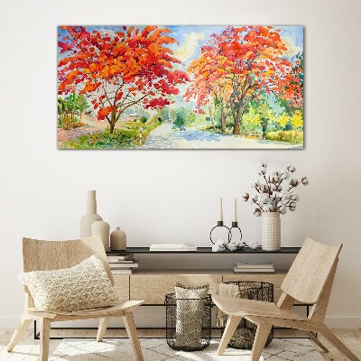 Autumn trees in the color of fire Glass Print