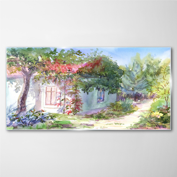 Summer landscape with house and trees Glass Print