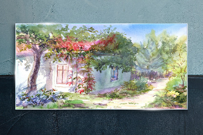 Summer landscape with house and trees Glass Print