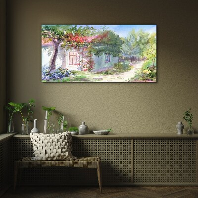 Summer landscape with house and trees Glass Print