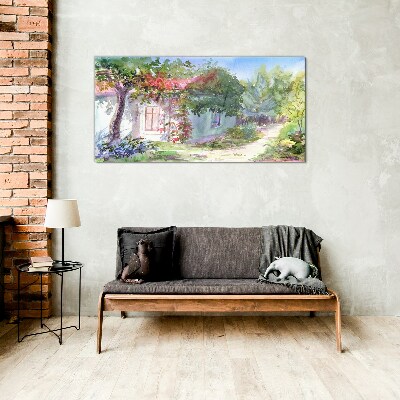 Summer landscape with house and trees Glass Print