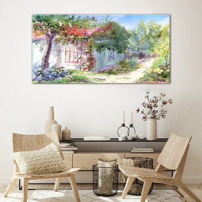 Summer landscape with house and trees Glass Print