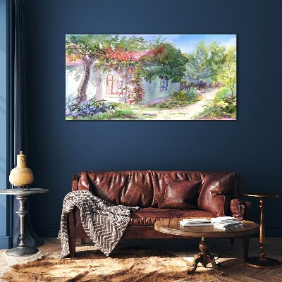 Summer landscape with house and trees Glass Print