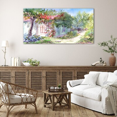 Summer landscape with house and trees Glass Print