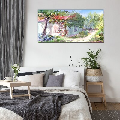 Summer landscape with house and trees Glass Print