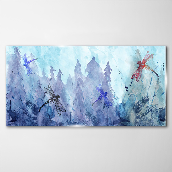 Watercolor dragonfly forest Glass Print