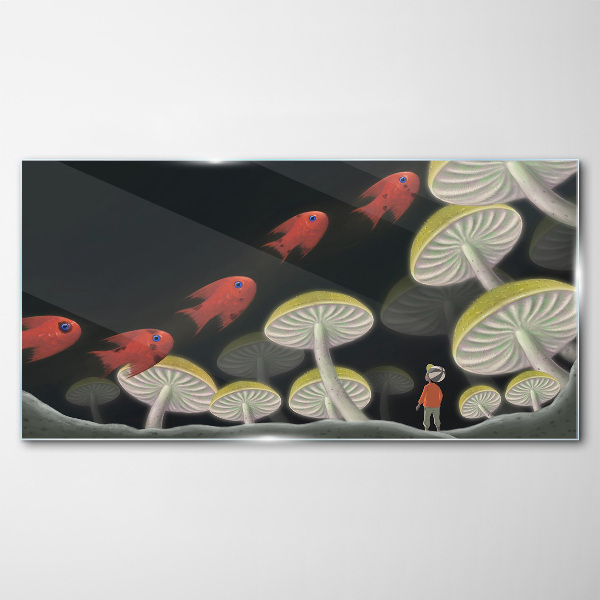 The fantastic world of fish and mushrooms Glass Print