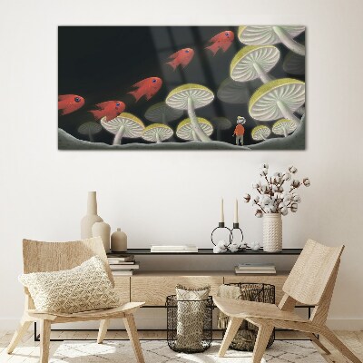The fantastic world of fish and mushrooms Glass Print