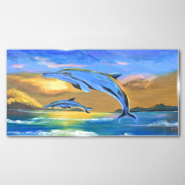 Dolphins in the sunset Glass Wall Art