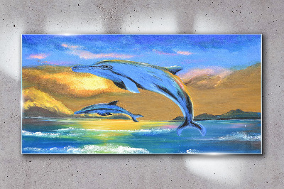 Dolphins in the sunset Glass Wall Art