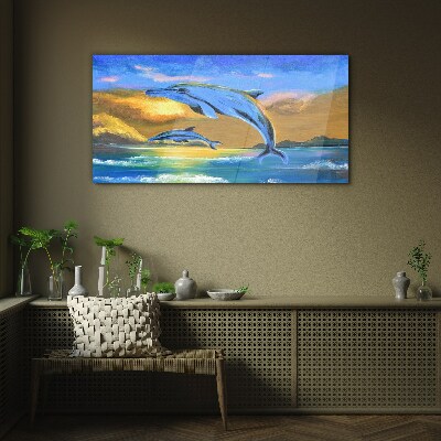 Dolphins in the sunset Glass Wall Art