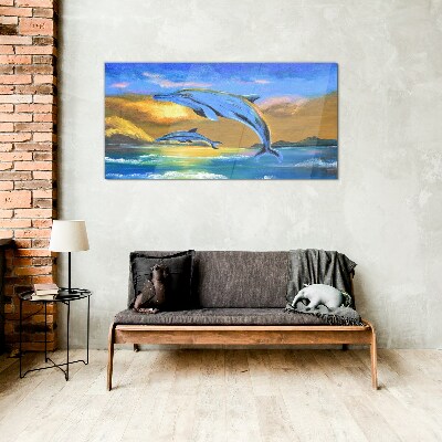 Dolphins in the sunset Glass Wall Art
