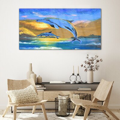 Dolphins in the sunset Glass Wall Art
