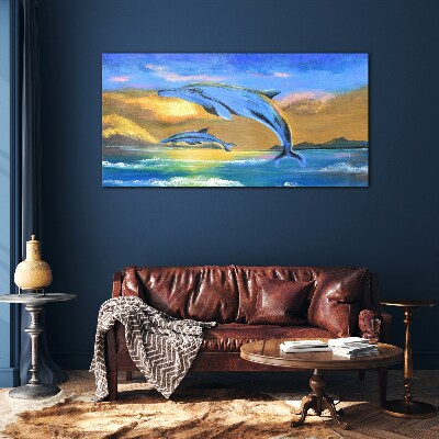 Dolphins in the sunset Glass Wall Art