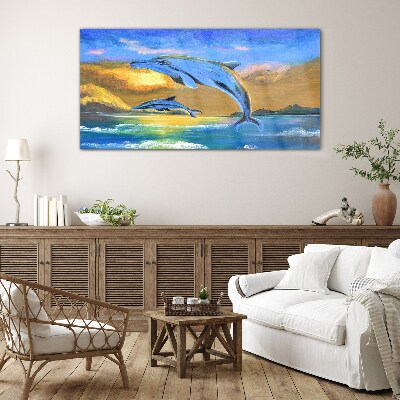Dolphins in the sunset Glass Wall Art