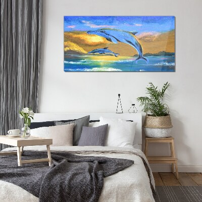 Abstraction dolphins sun Glass Wall Art