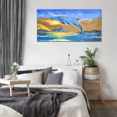 Dolphins in the sunset Glass Wall Art