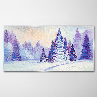 Winter landscape with purple trees Glass Print