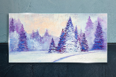Winter landscape with purple trees Glass Print