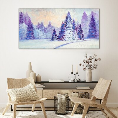 Winter landscape with purple trees Glass Print