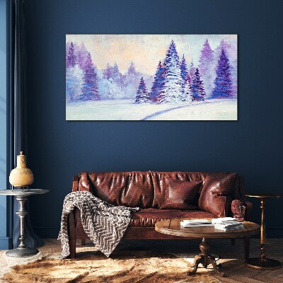 Winter landscape with purple trees Glass Print