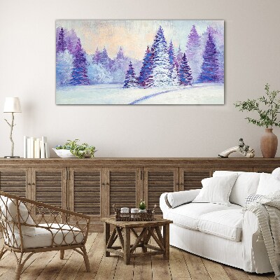 Winter landscape with purple trees Glass Print