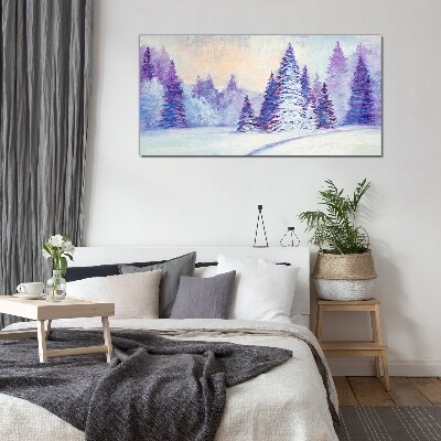 Winter landscape with purple trees Glass Print