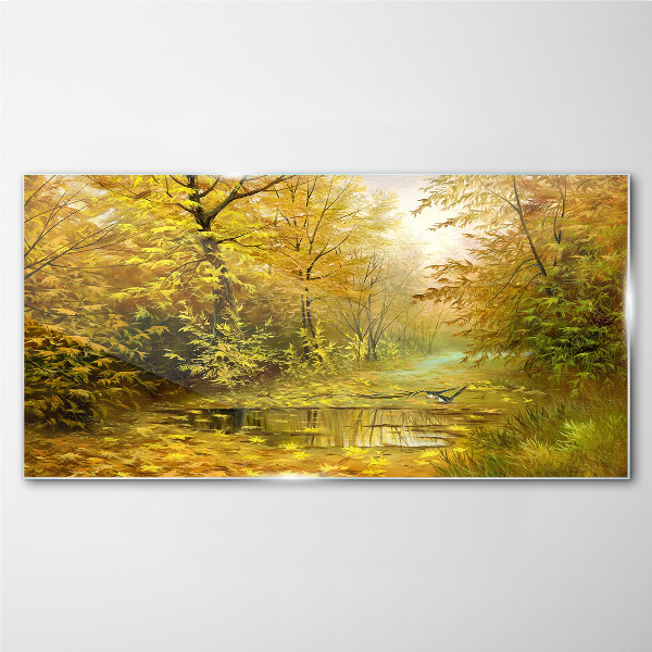 Golden autumn at the pond Glass Print
