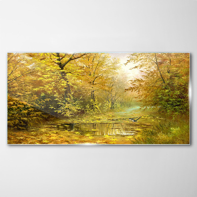 Golden autumn at the pond Glass Print