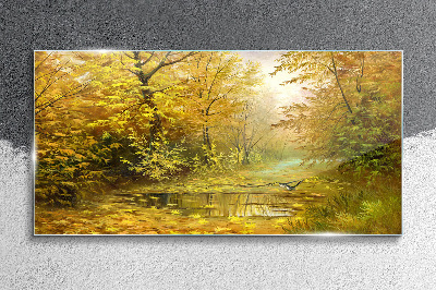 Golden autumn at the pond Glass Print