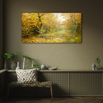 Golden autumn at the pond Glass Print