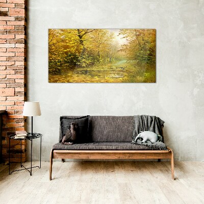 Golden autumn at the pond Glass Print