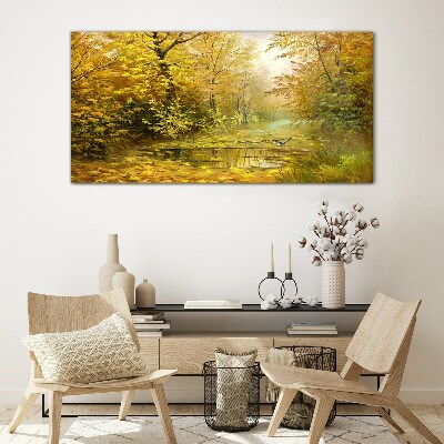 Golden autumn at the pond Glass Print