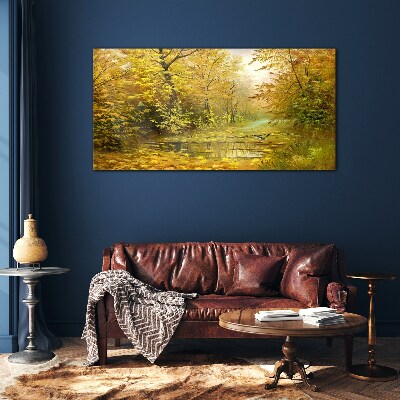 Golden autumn at the pond Glass Print