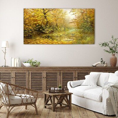Golden autumn at the pond Glass Print