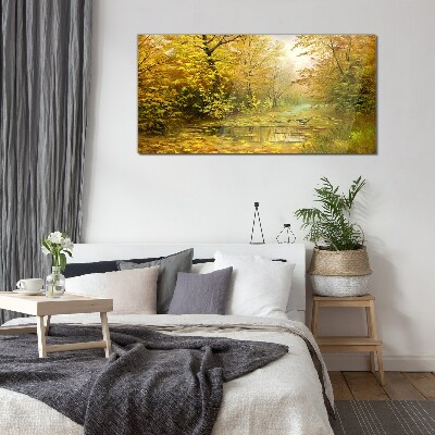 Golden autumn at the pond Glass Print