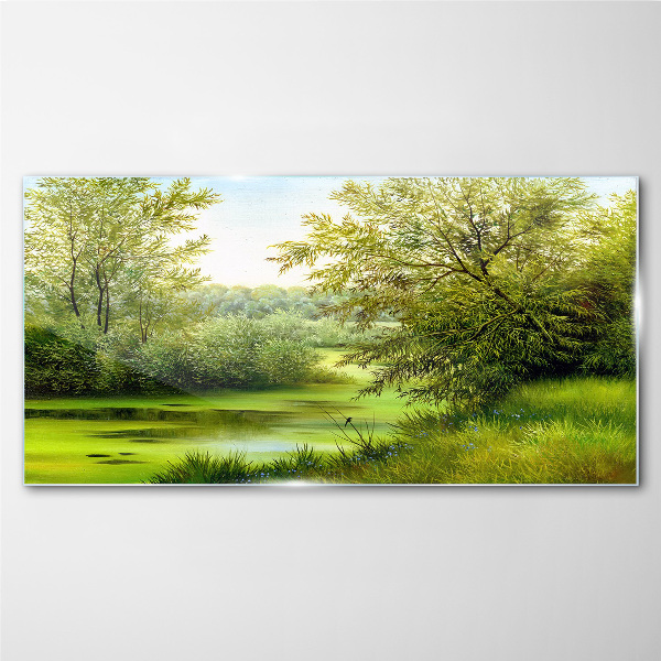 Green landscape by the water Glass Print