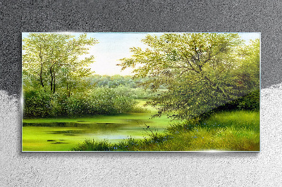 Green landscape by the water Glass Print
