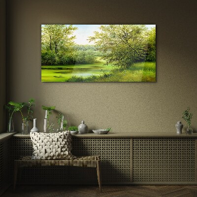 Green landscape by the water Glass Print