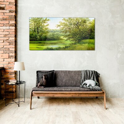 Green landscape by the water Glass Print