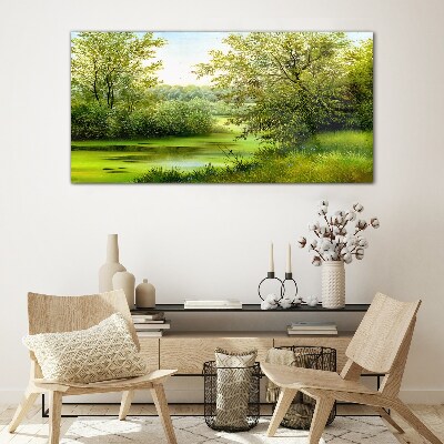 Green landscape by the water Glass Print