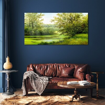 Green landscape by the water Glass Print