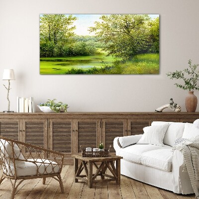 Green landscape by the water Glass Print