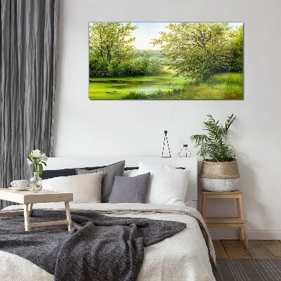 Green landscape by the water Glass Print