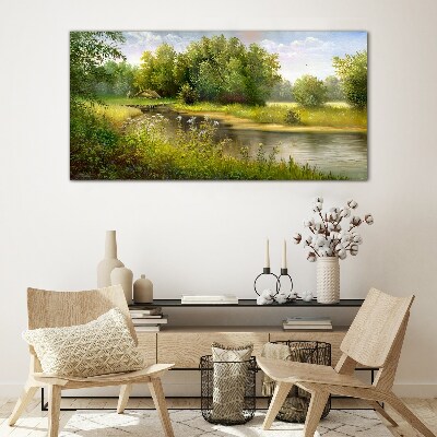 A peaceful landscape by the river Glass Print
