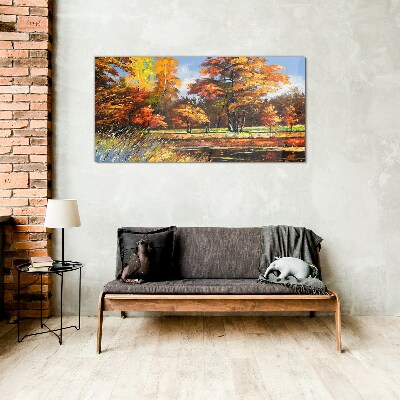 Golden autumn in the park Glass Print